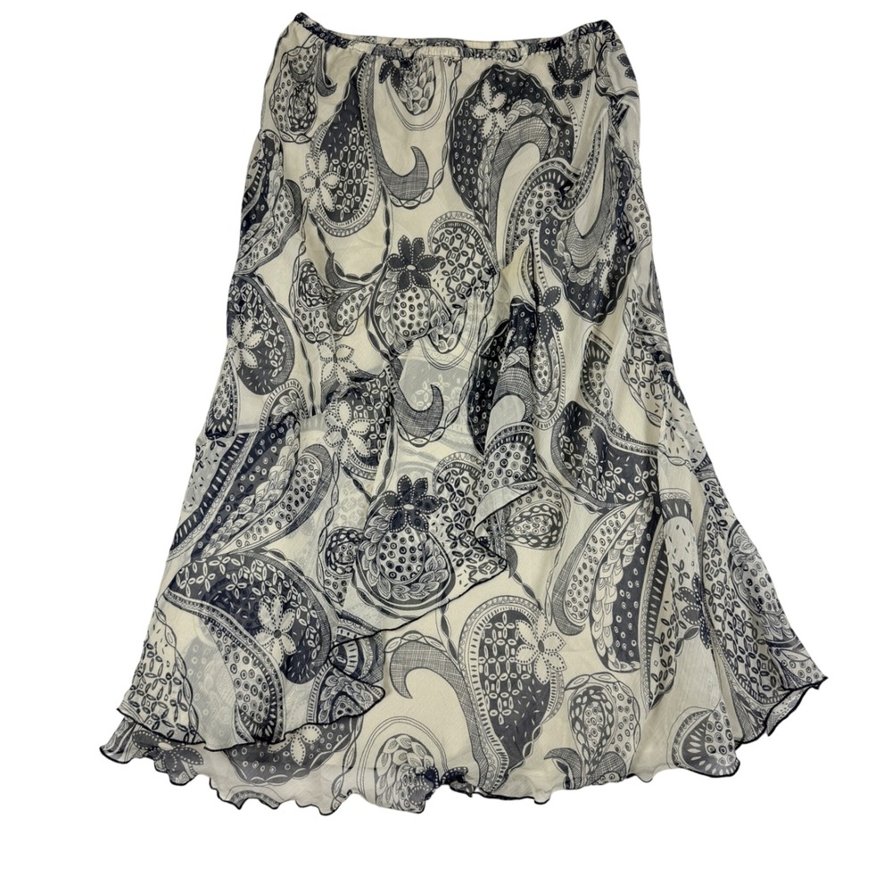 Vintage Putumayo Black Cream Paisley Silk Midi Skirt Small Boho